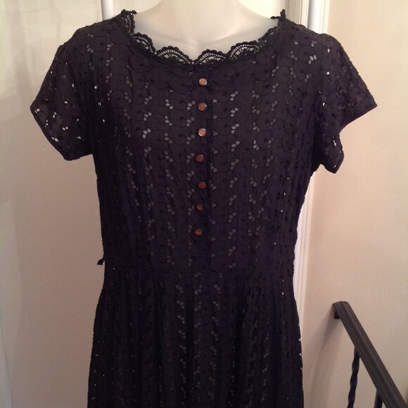 Vintage 1950’s Pinup Cay Artley Black Eyelet Dress Fit & Flare Union Made M L - Picture 2 of 14